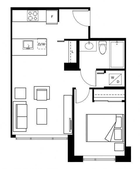 Floor plan for 1 bed, 1 bath, 550 sqft